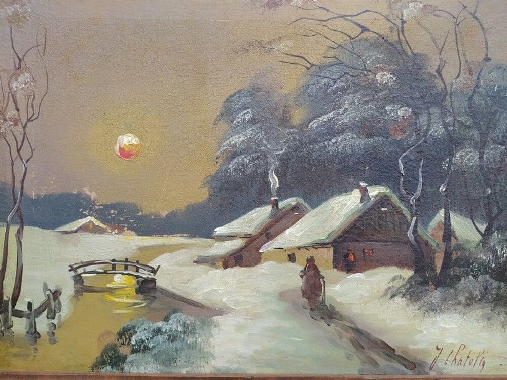 Tableau Barbizon XIX&egrave;me Paysage d'Hiver Sign&eacute; J. Chatelin 