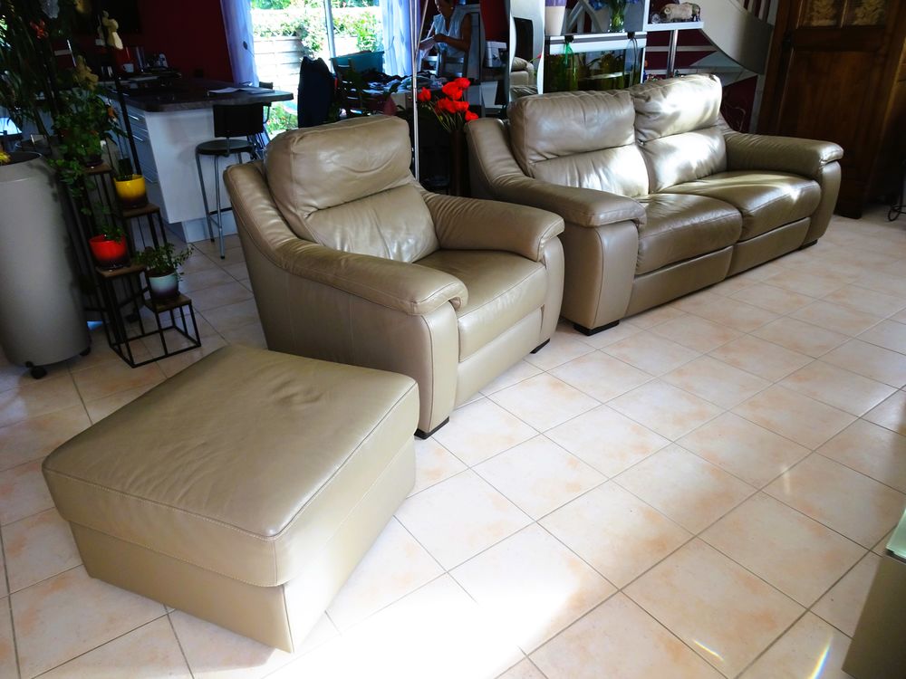 Ensemble Canap&eacute;, Fauteuil et Pouf en cuir Meubles