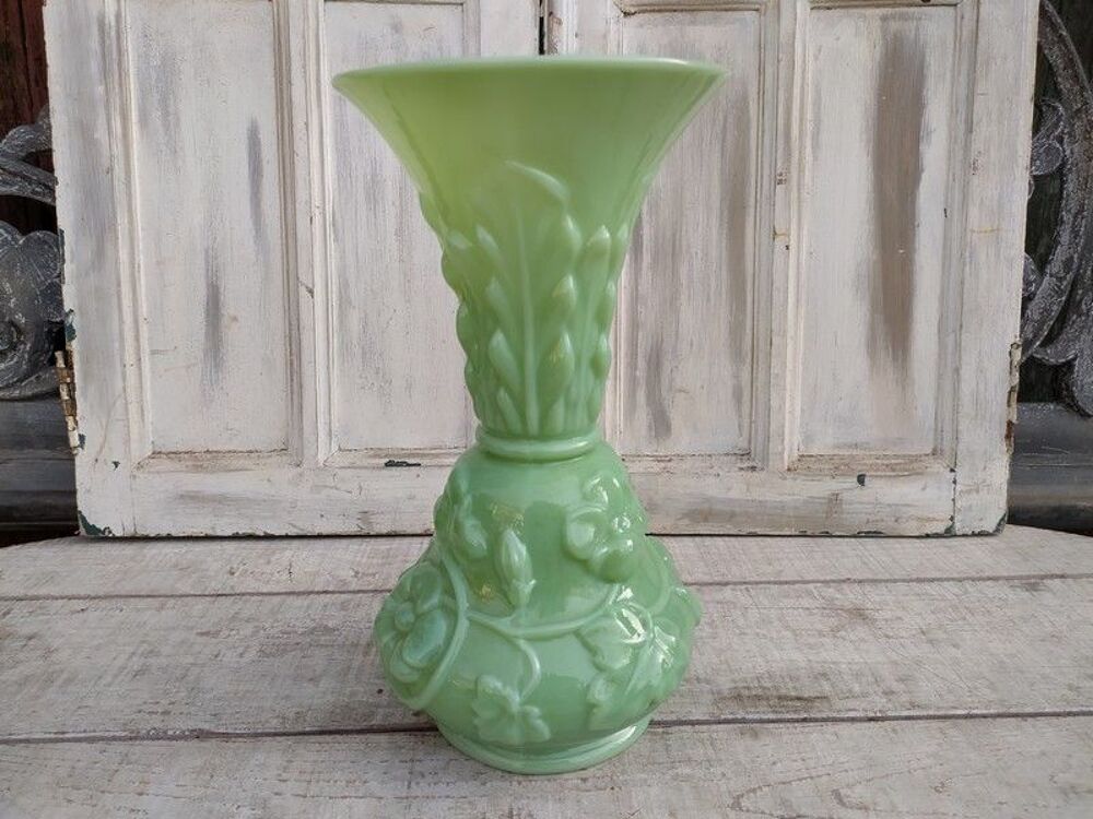 Grand Vase Verre Opaline Verte Saint Louis D&eacute;cor Fleurs Décoration