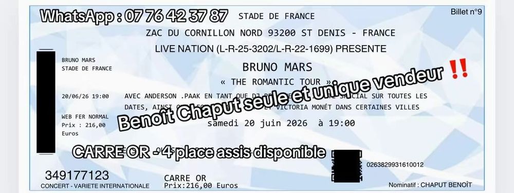Bruno Mars 20 juin Billetterie
