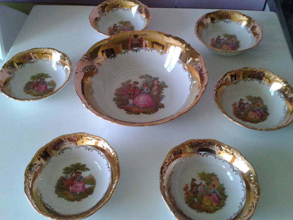 Coupe et coupelles neuves porcelaine BAVARIA d&eacute;cor or 24 K Cuisine