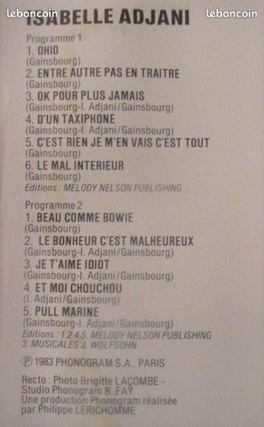 Cassette Isabelle Adjani CD et vinyles