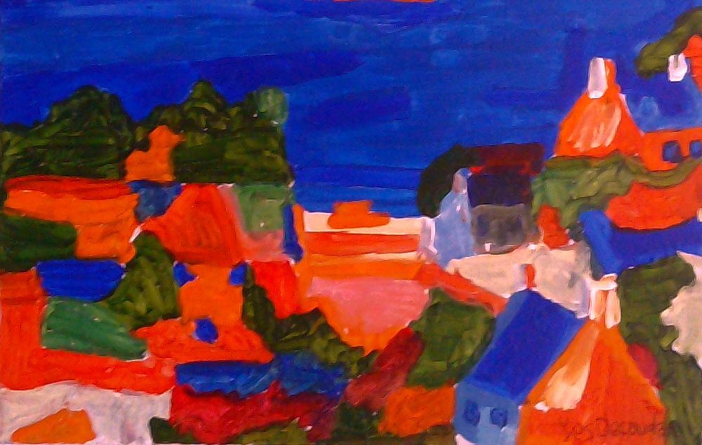 Tableau marine " L'&icirc;le de Br&eacute;hat sous un ciel rose " Décoration