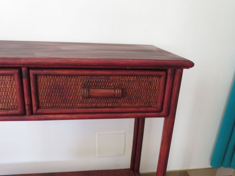 Vintage-console 2 tiroirs - en bois et rotin tress&eacute;-ann&eacute;e 80 Meubles