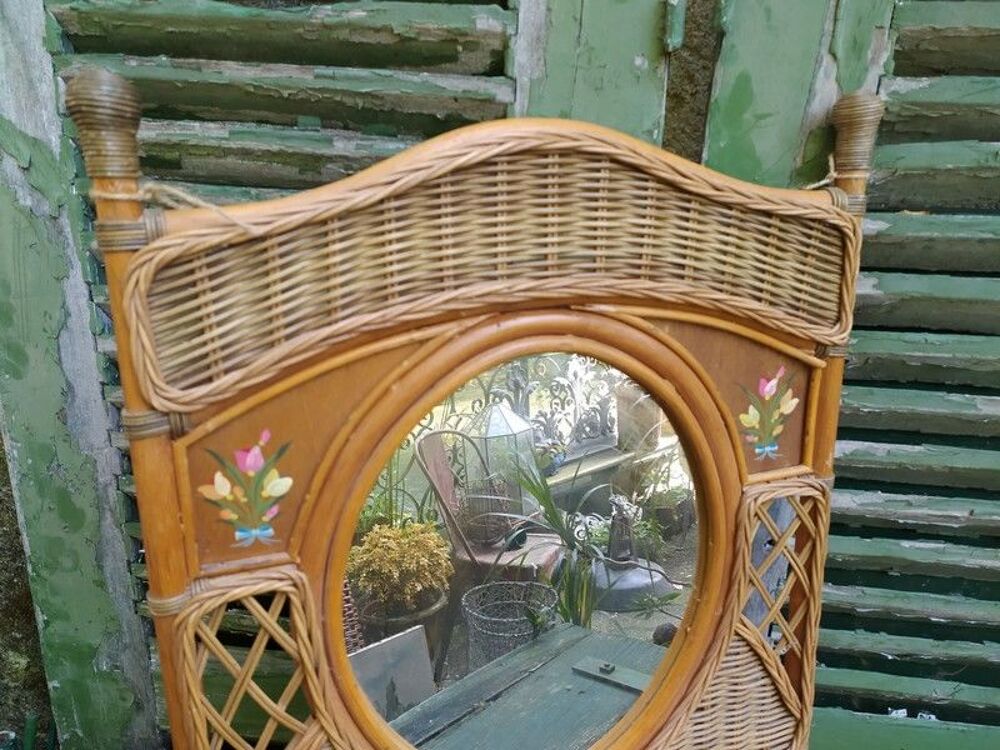 Miroir Mural &Eacute;tag&egrave;re Rotin Tress&eacute; D&eacute;cor&eacute; Fleurs Vintage Meubles