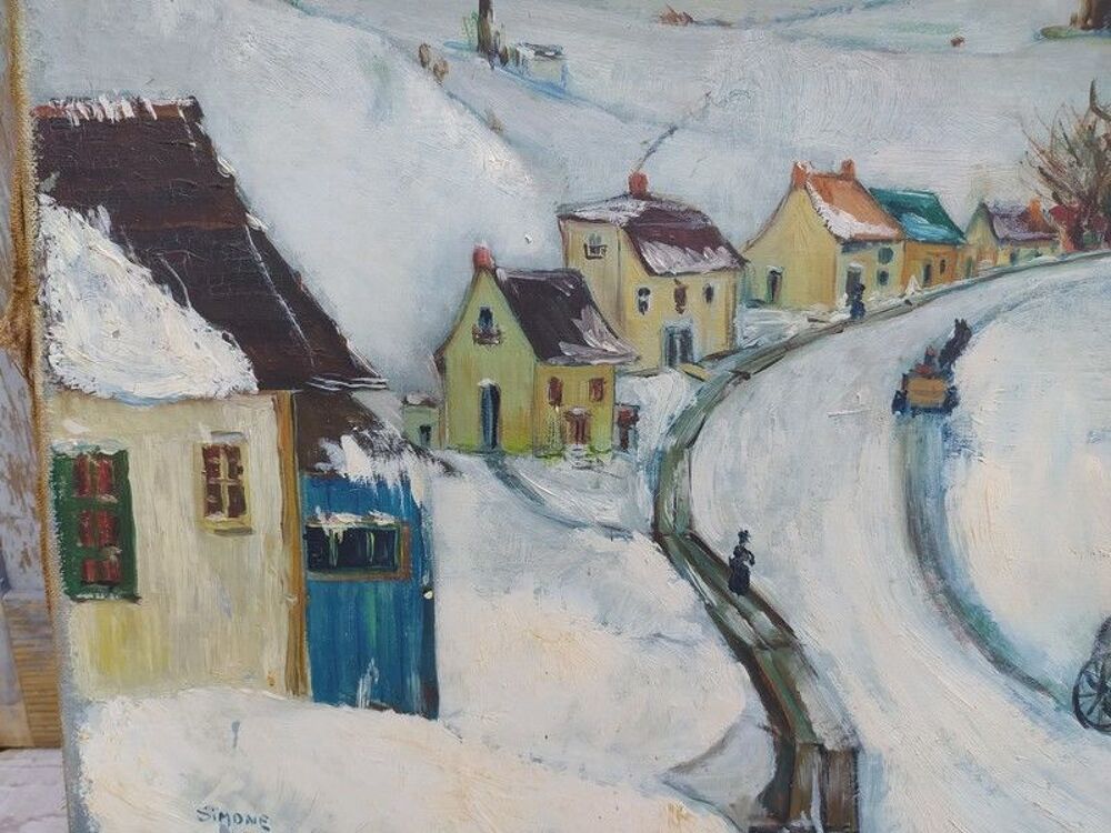 Tableau Paysage d'Hiver Peinture Na&iuml;ve Sign&eacute; Simone Oury 