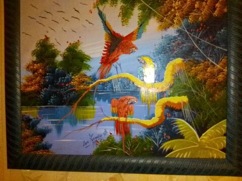 tableau huile sur toile perroquets signé 180 Paris 20 (75)