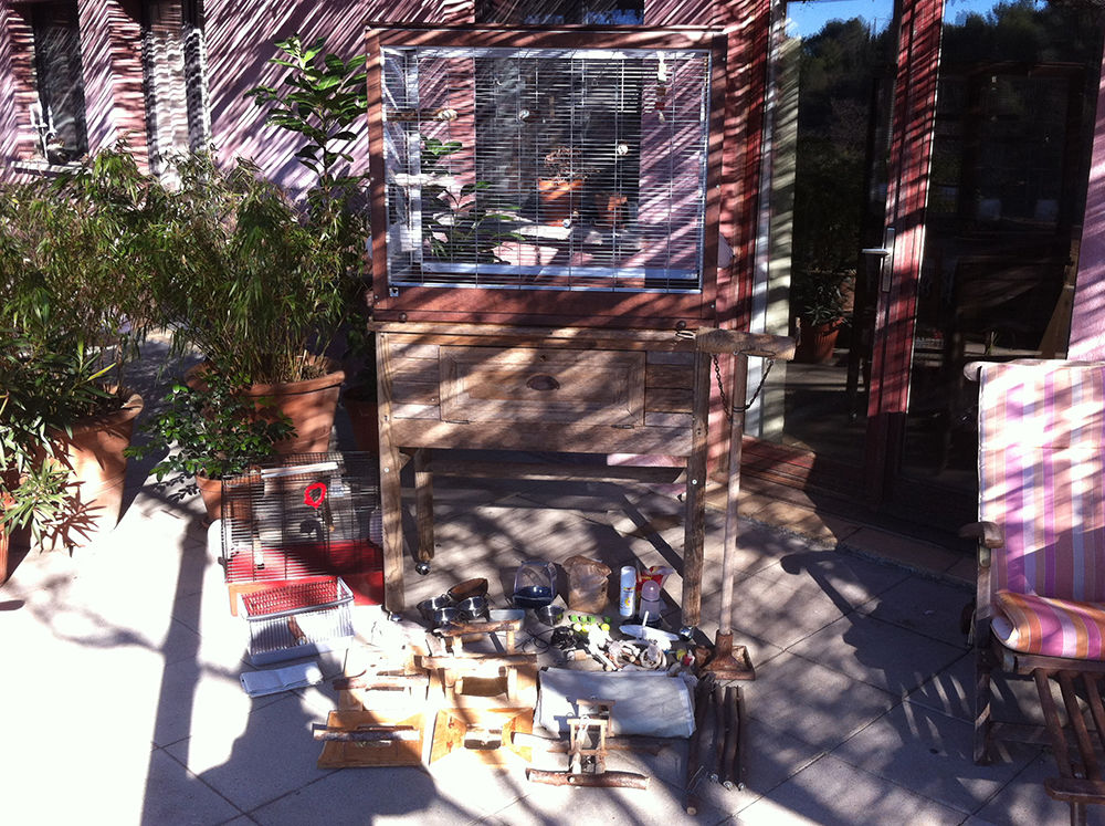 TROIS CAGES POUR OISEAUX, plus table et accesoires Meubles