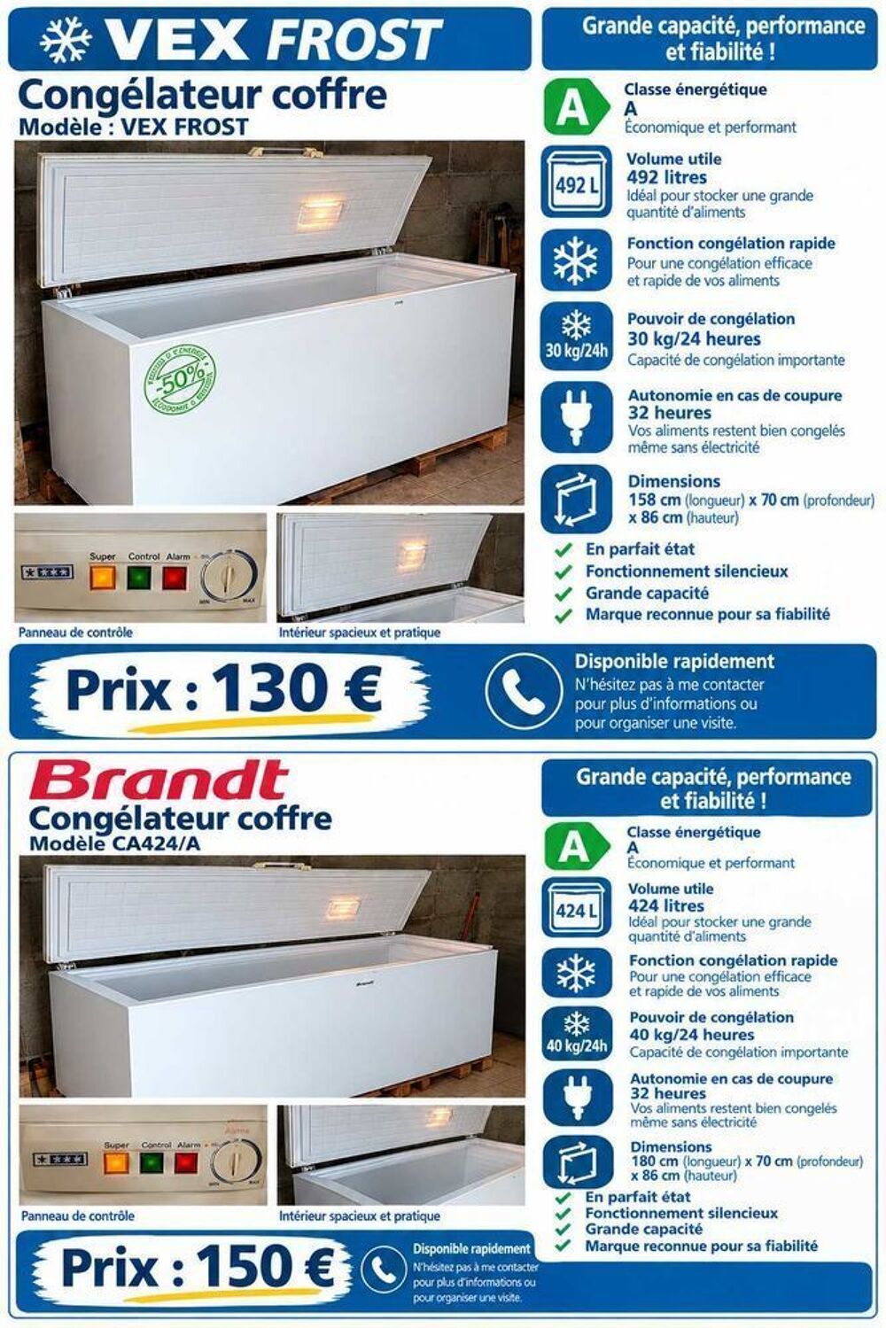2 Cong&eacute;lateur Bahut Brandt 424/L /Vestfrost 492/L Fonction rapide Pourvoir 30/40kg/24h Electroménager