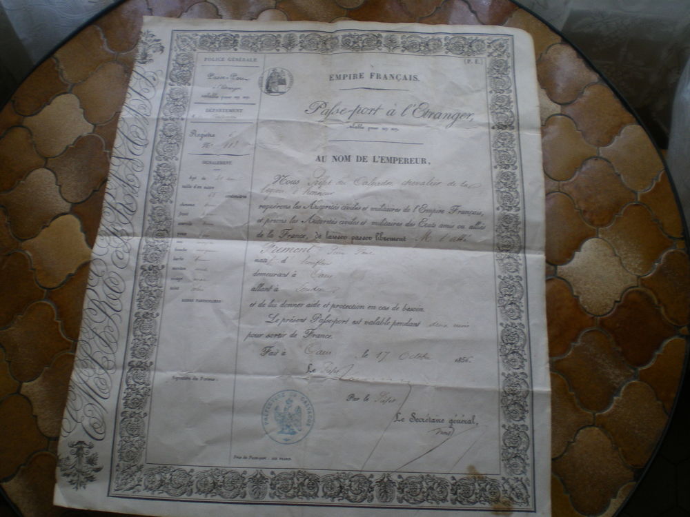 Passeport &agrave; l'&eacute;tranger Second Empire 1856. 