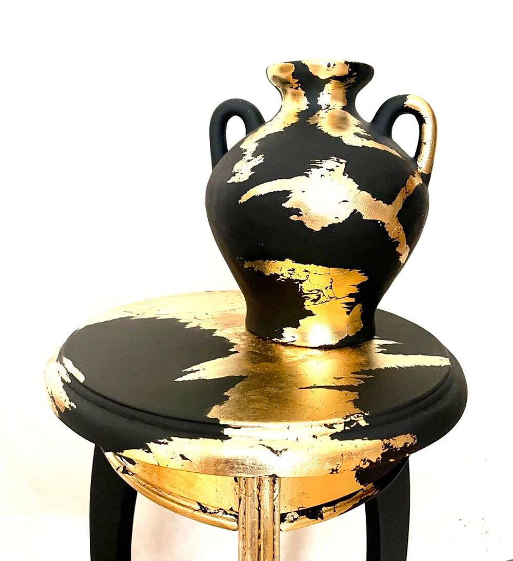 Console noir mat et feuilles d'or + vase style contemporain Meubles