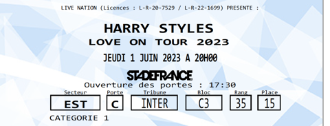 Places Harry styles 01/06/2023 Stade de France 150 Courbevoie (92)