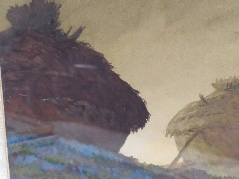 ANDR&Eacute; DES GACHONS Tableau Aquarelle Meules de Foin Campagne 