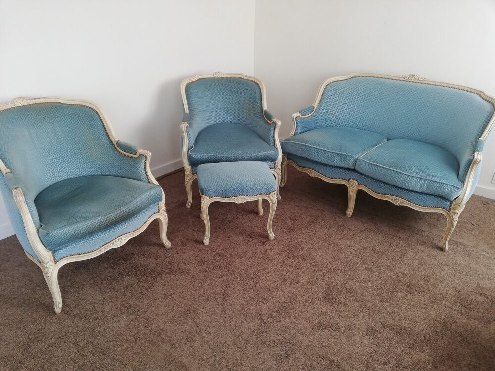 Deux fauteuils velours bleu
Un canap&eacute;s
Un repose pieds
Meubles