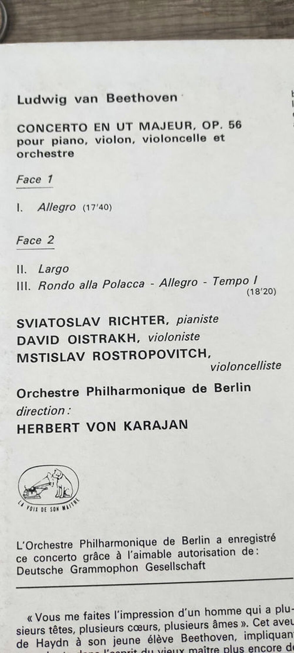 Beethoven Triple Concerto en ut maj Karajan / Rostropovitch CD et vinyles