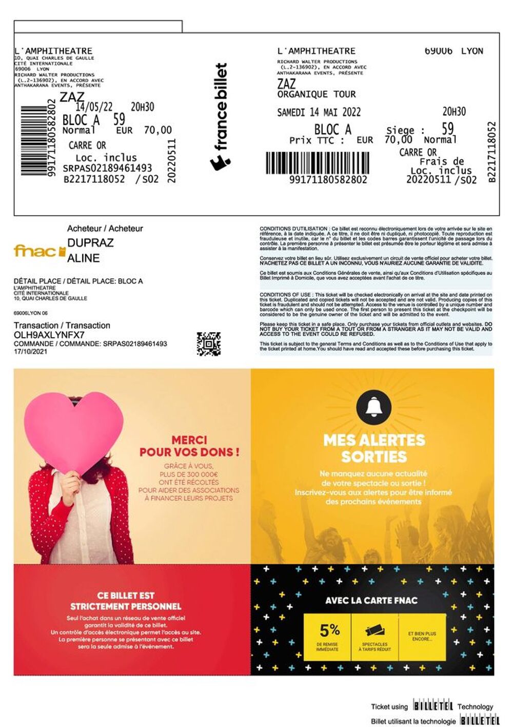 Concert ZAZ 14 mai Lyon Amphith&eacute;&acirc;tre Billetterie