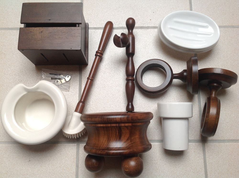 ENSEMBLE ACCESSOIRES SALLE DE BAIN BOIS et FAIENCE Envoi Pos Décoration
