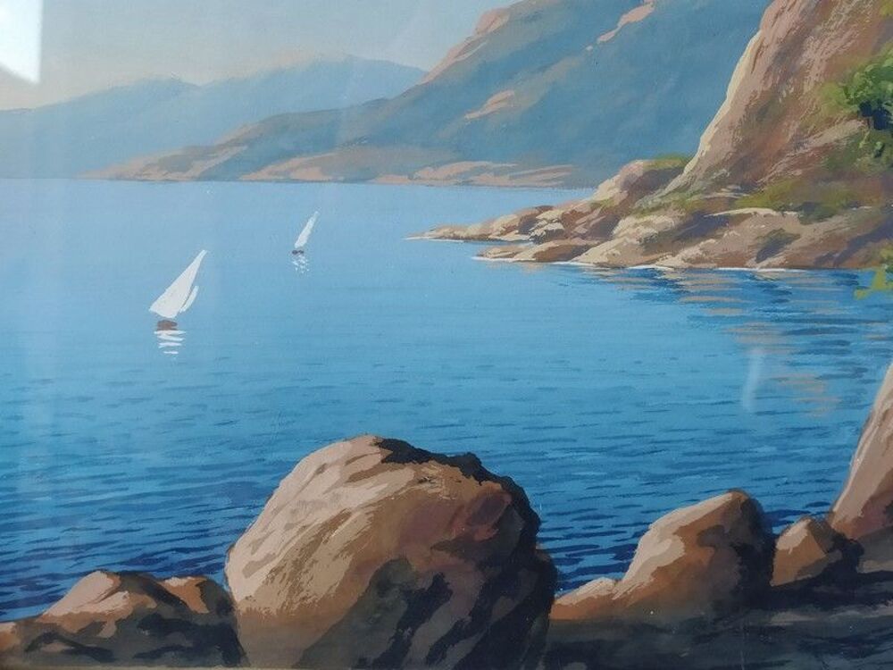 Tableau Paysage C&ocirc;te d'Azur Voilier Cadre sous Verre Décoration