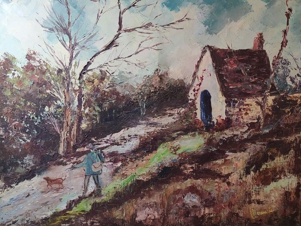 Ancien Tableau Chasseur Paysage Sign&eacute; Lhermite Décoration