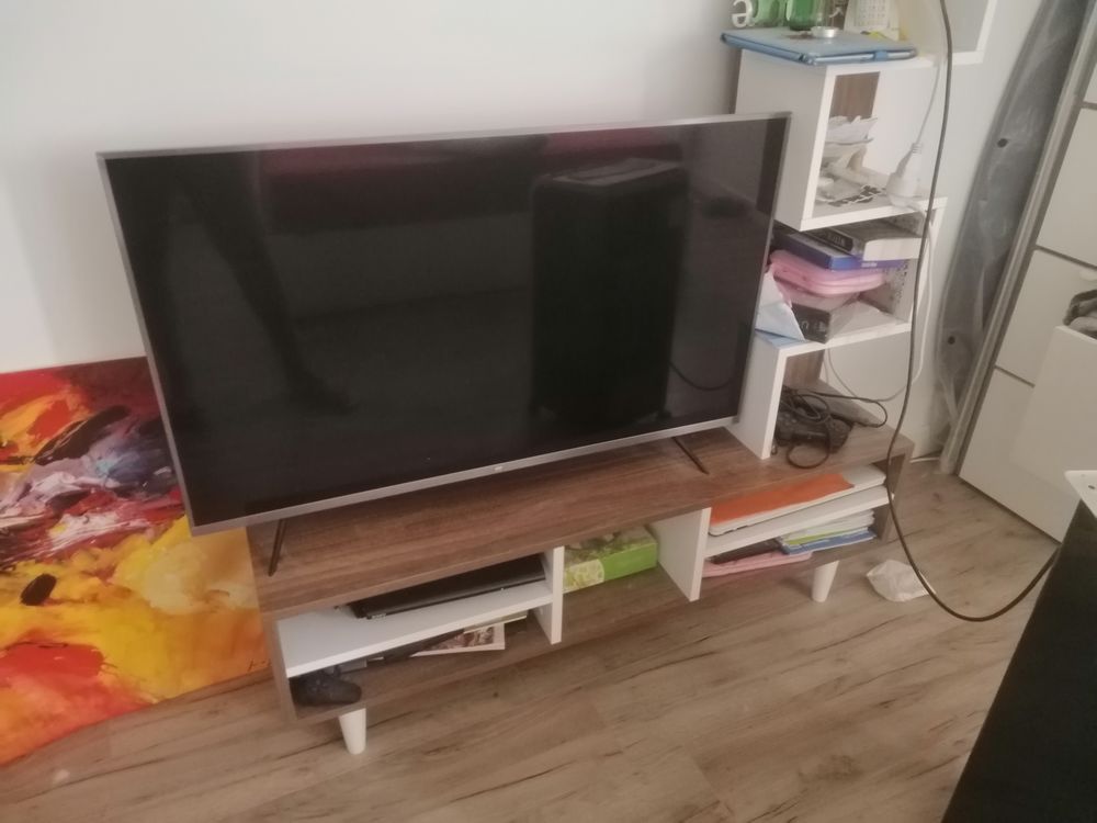 Meuble TV Ring Blanc et imitation noyer Meubles