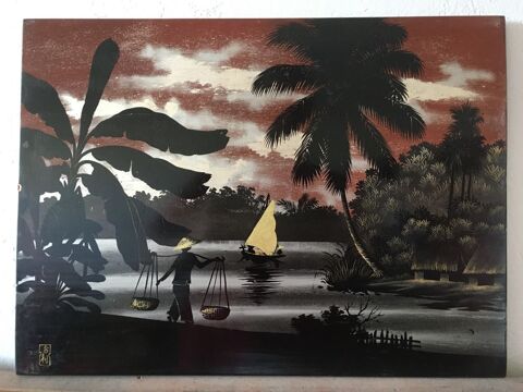 Peinture laquée  sur bois - paysage asiatique (Indochine) 18 Tours (37)