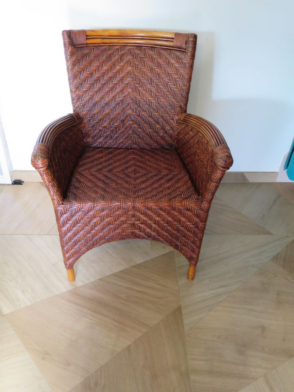 Vintage -Lot de 2 fauteuils en rotin tress&eacute; -coussins Meubles