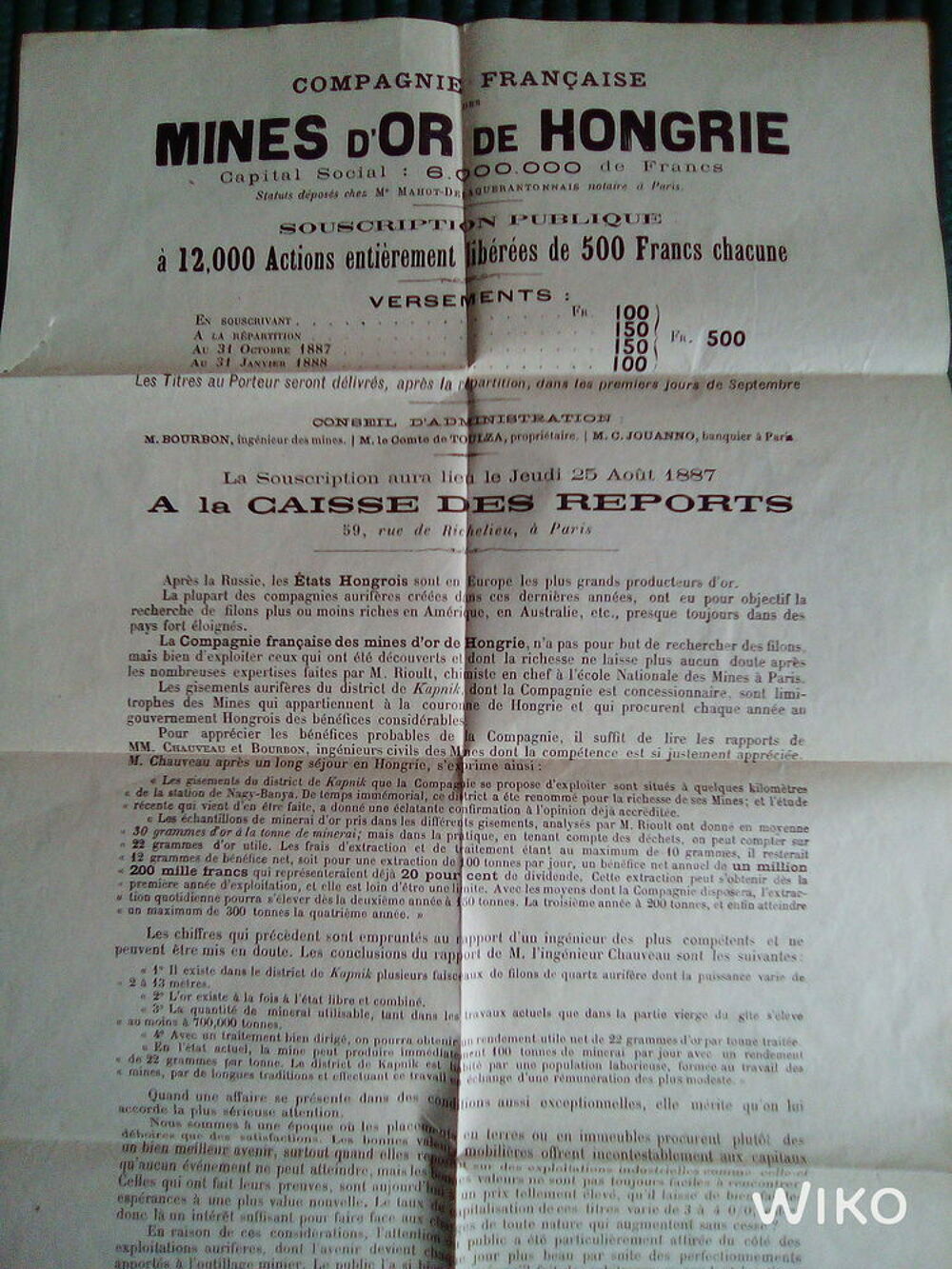 Ann&eacute;e 1887 achat d'actions concernant Mines d'Or de Hongrie 