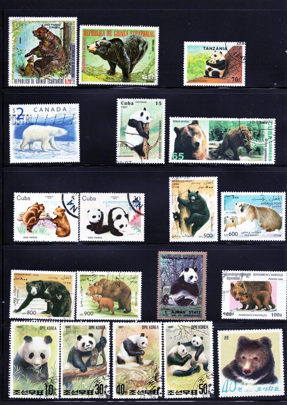 lot de 20 timbres du MONDE avec des OURS et des PANDAS 