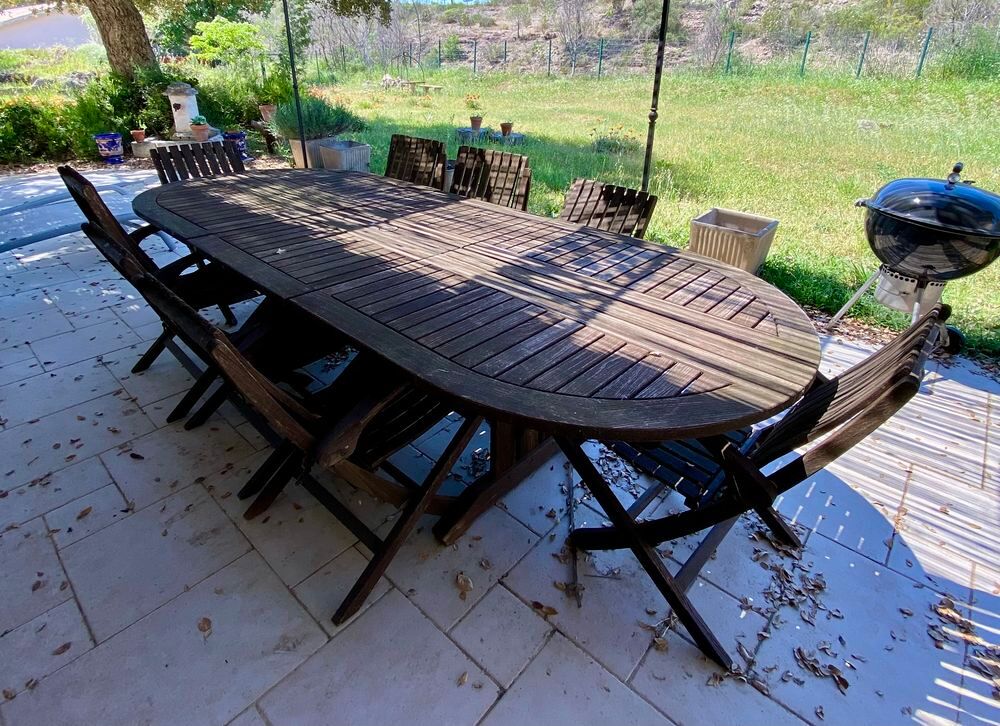 TABLE 3m et 8 FAUTEUILS pliants en TECK Jardin