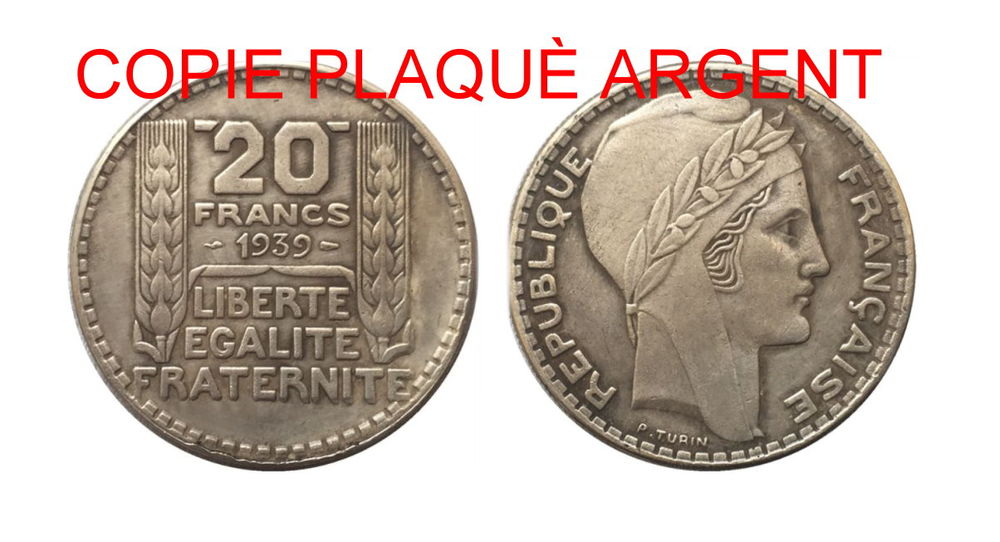 R&Eacute;PLIQUE PLAQU&Eacute;E ARGENT - 20 FRANCS 1936 - 1939 PRIX 10€ 