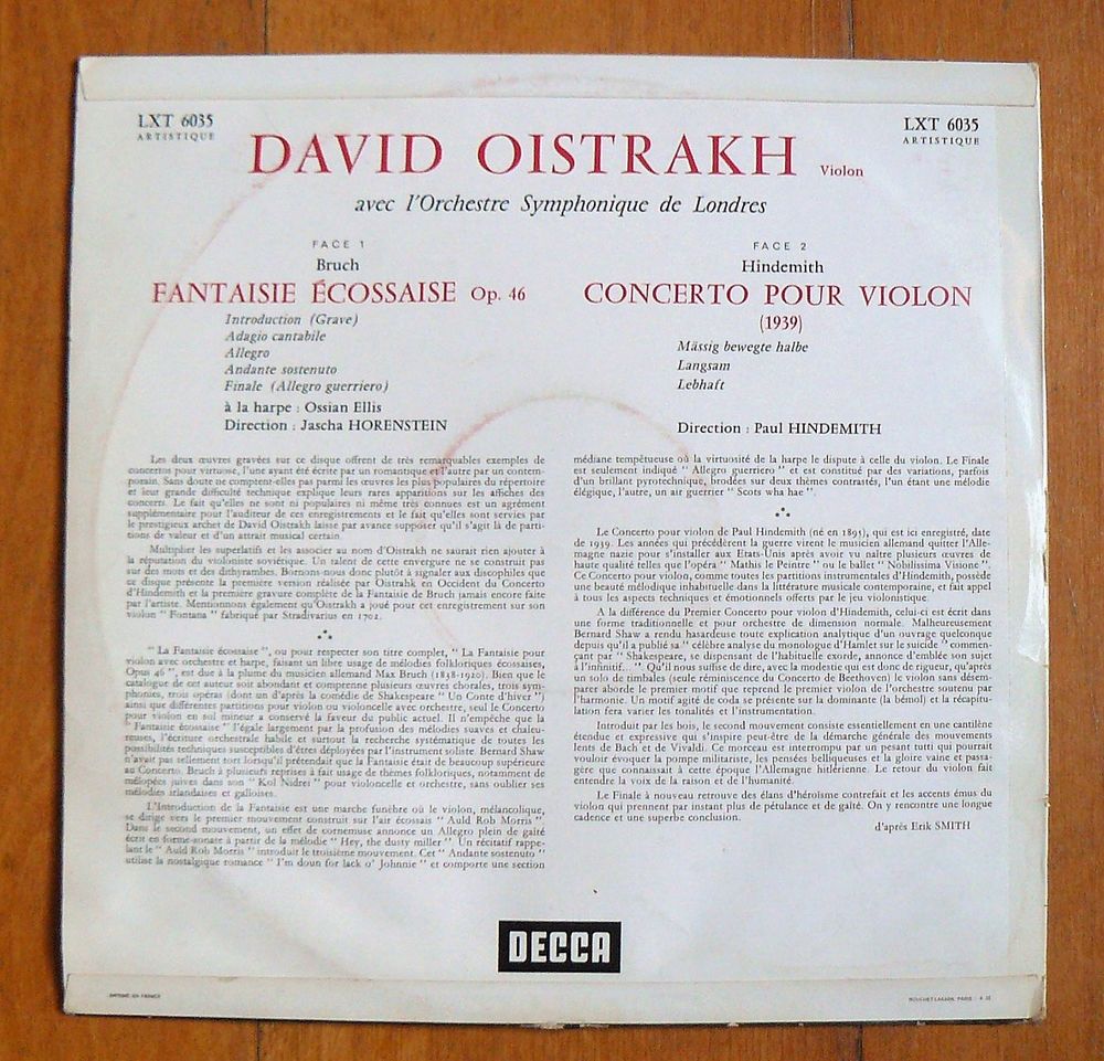 LP BRUCH / HINDEMITH (David OISTRAKH) : Fantaisie &eacute;cossaise CD et vinyles
