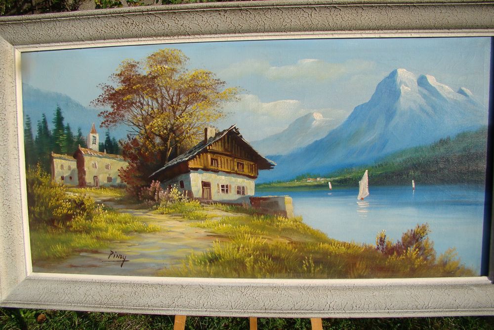 Tableau huile sur toile Chalet au bord d'un lac de montagne Décoration