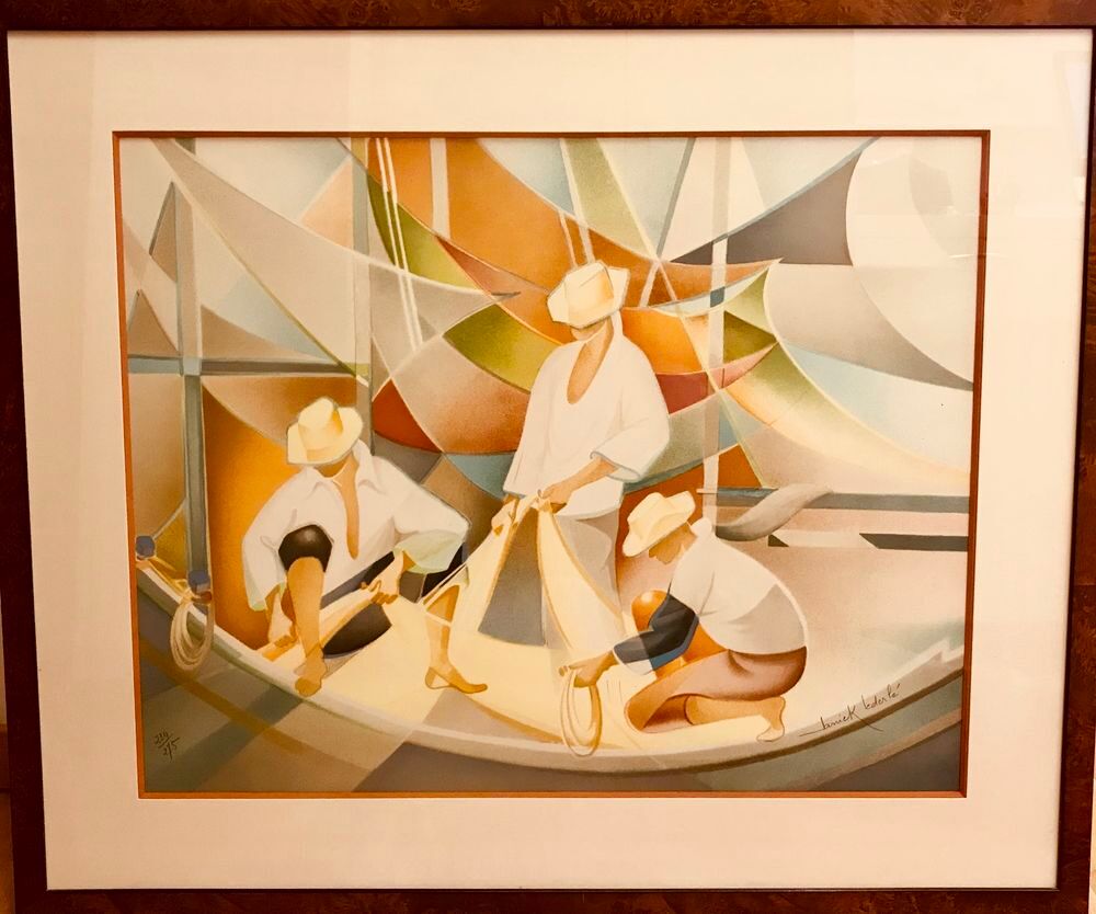 Lithographie originale Jannick Lederl&eacute; - Retour de p&ecirc;che 