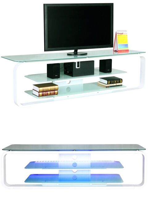 Meuble TV Design Miami Blanc 160 cm - Verre Trempé - LED 80 Maureilhan (34)