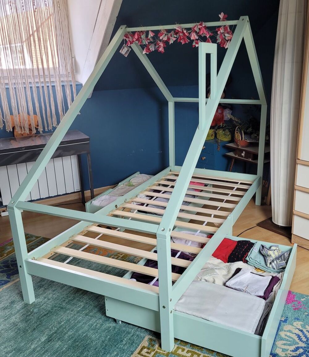 Lit cabane en bois (1p) + 2 tiroirs de rangement &agrave; roulettes Mobilier enfants