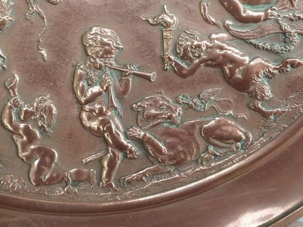 Ancien Plat Cuivre Faunes Bacchanale Style Clodion 