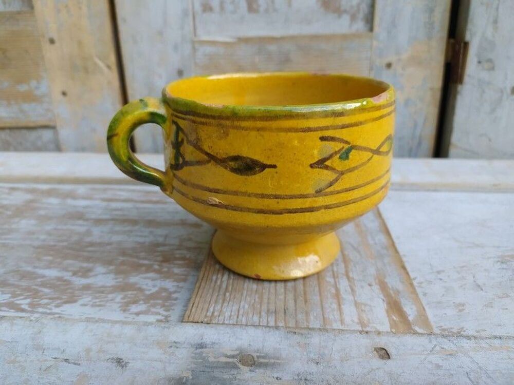 Ancien Bol &agrave; Anse C&eacute;ramique Tunisie D&eacute;cor Gla&ccedil;ure Vert Jaune Décoration