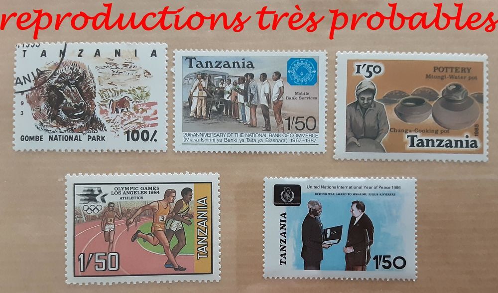5 timbres &agrave; collection TANZANIE REPRODUCTIONS PROBABLES 