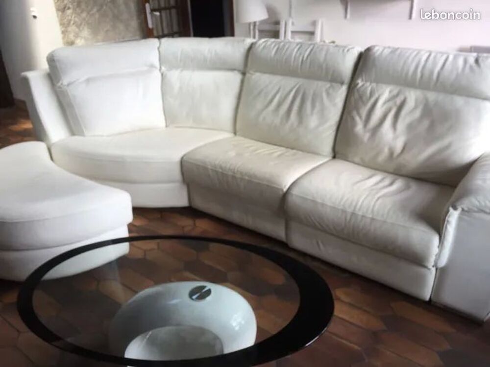 Grand canap&eacute; cuir blanc avec relax et pouf Meubles