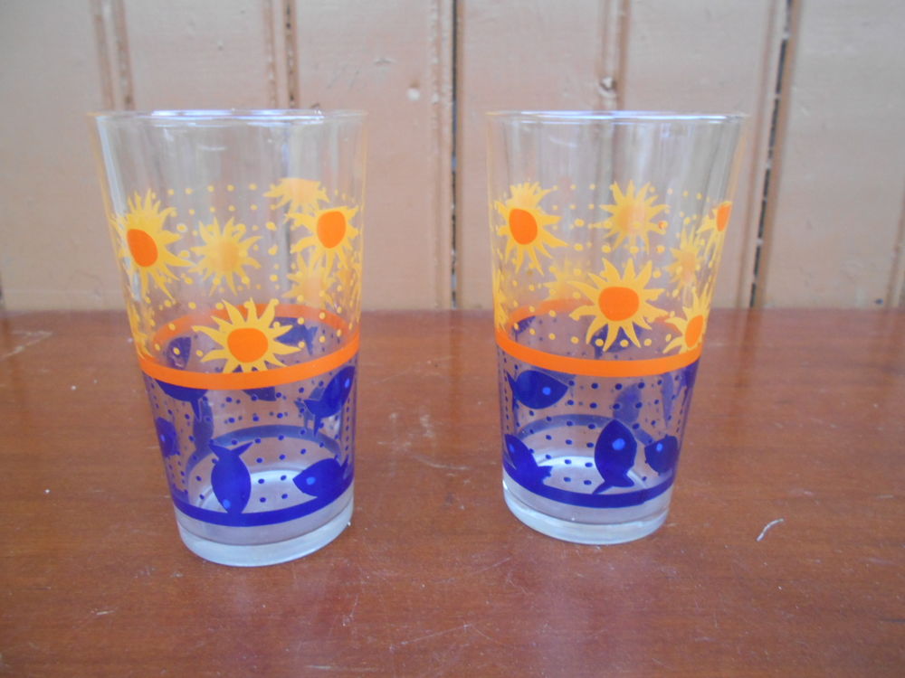 PICHET + VERRES &agrave; sirop " Soleils et poissons " Décoration