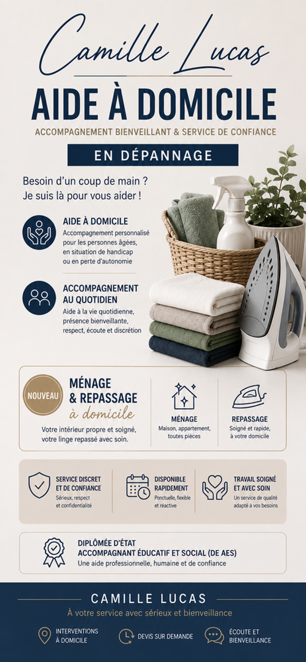  Aide à domicile/ménage/repassage/remise à blanc 