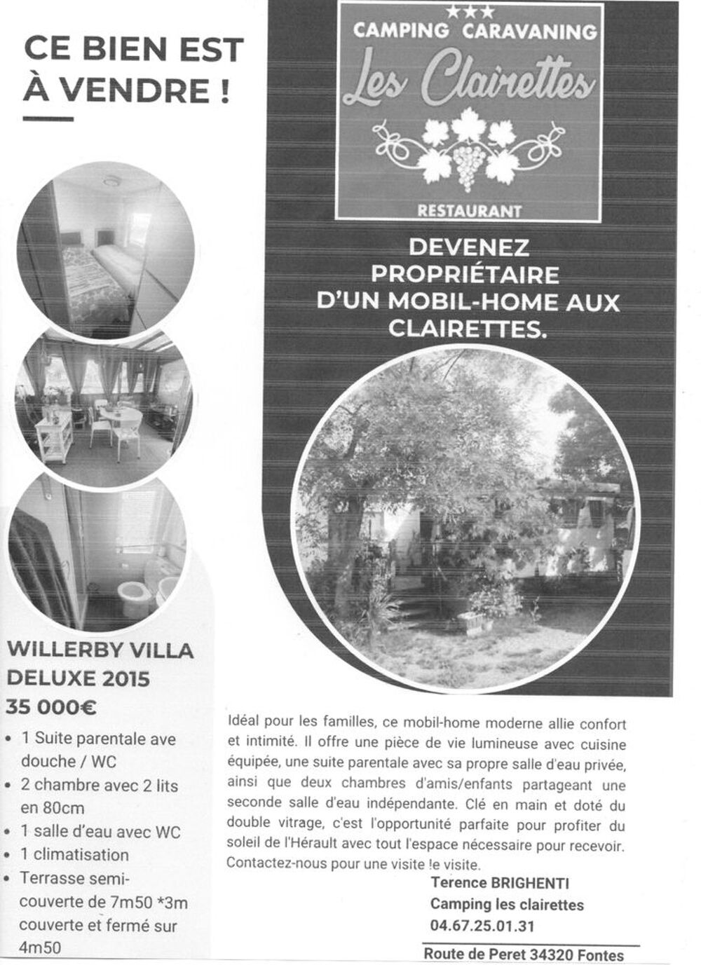 Vente Autre A V MOBIL HOME 6/8 PLACES sur emplacement camping; Fontès