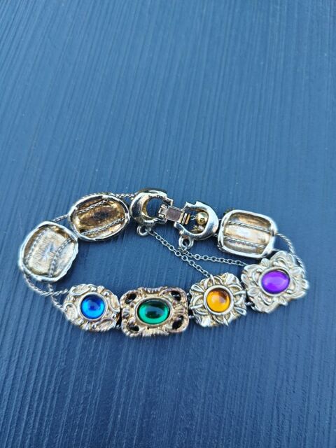 BRACELET Vintage M�tal argent�, cabochons diff�rentes couleu 21 �cuisses (71)