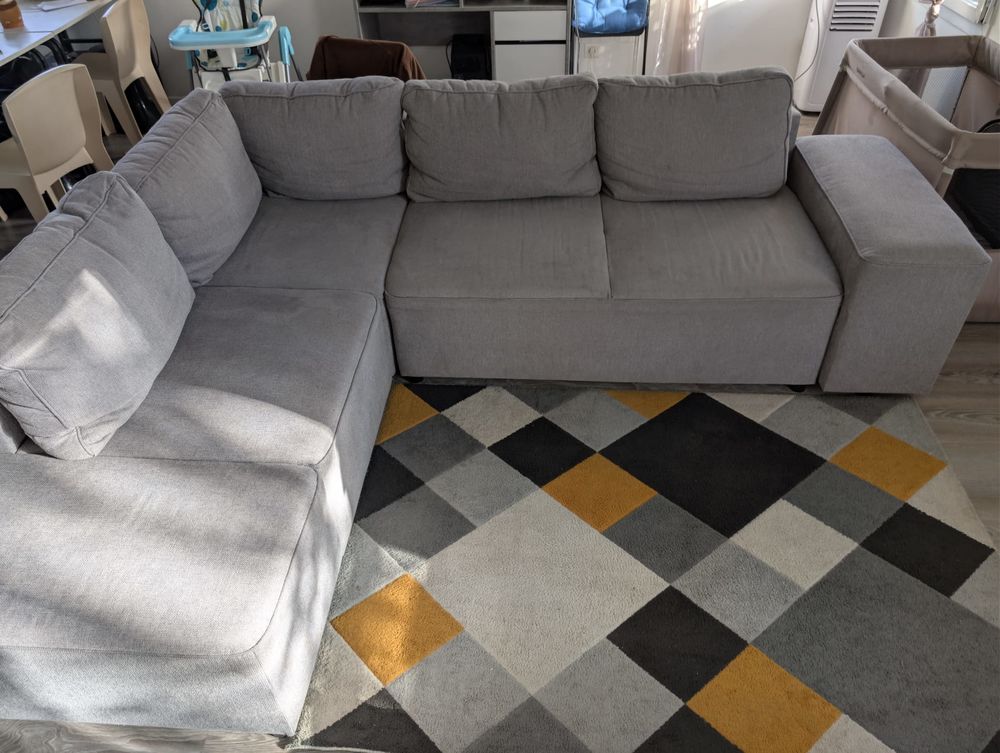 Grand canap&eacute; d'angle convertible gris - Coffre et 2 poufs Meubles