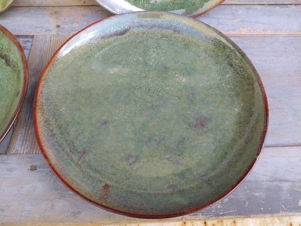 4 Assiettes Gr&egrave;s &Eacute;maill&eacute; Vert Porterie Artisanale Décoration