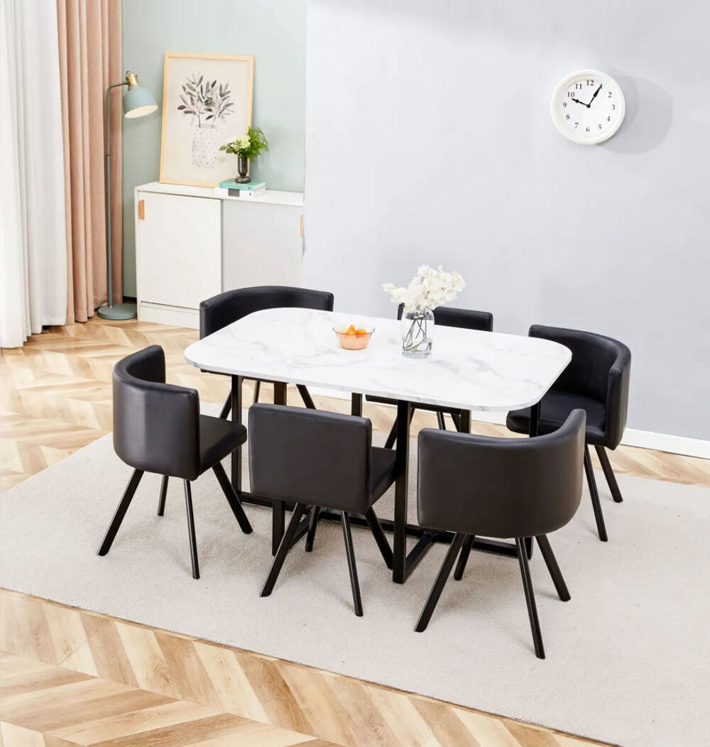 Table &agrave; manger effet marbre + 6 chaises noires €" design moderne Meubles