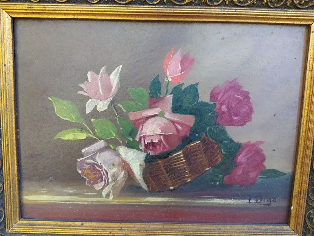 Tableau Paniers de Fleurs Roses Nature Morte Sign&eacute; Bigo
