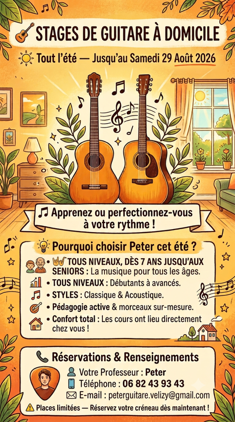 STAGE DE GUITARE &Eacute;T&Eacute; &agrave; domicile
d&egrave;s 7ans jusqu'au 29/08/26
0 78140 Vélizy-villacoublay