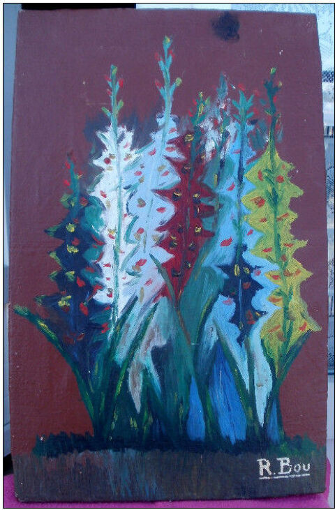 Bouquet de glaïeuls Huile sur toile signée R. BOU 40 Montauban (82)