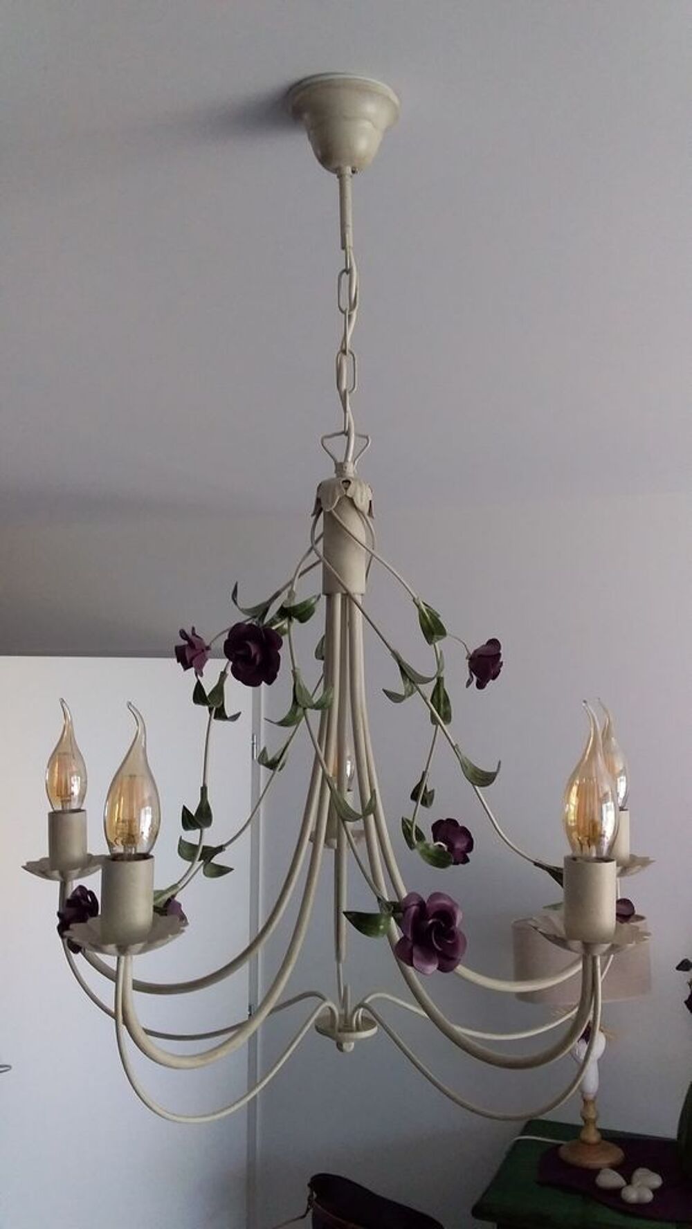 Lustre M&eacute;tal Fleurs Vintage Ivoire Décoration